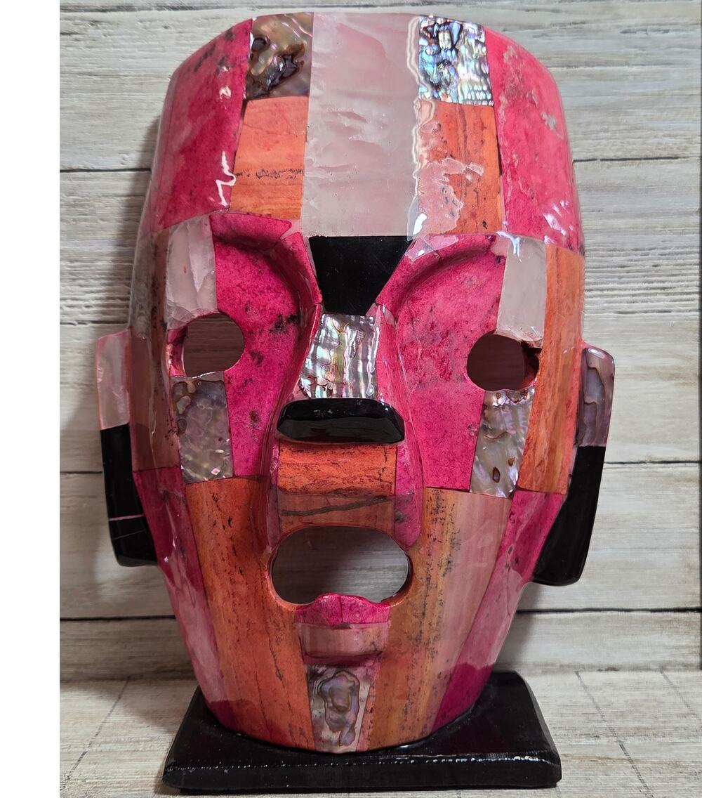 Vintage 1970s Mexican Mayan Aztec Mask Abalone Shell Stone Mosaic Folk Art